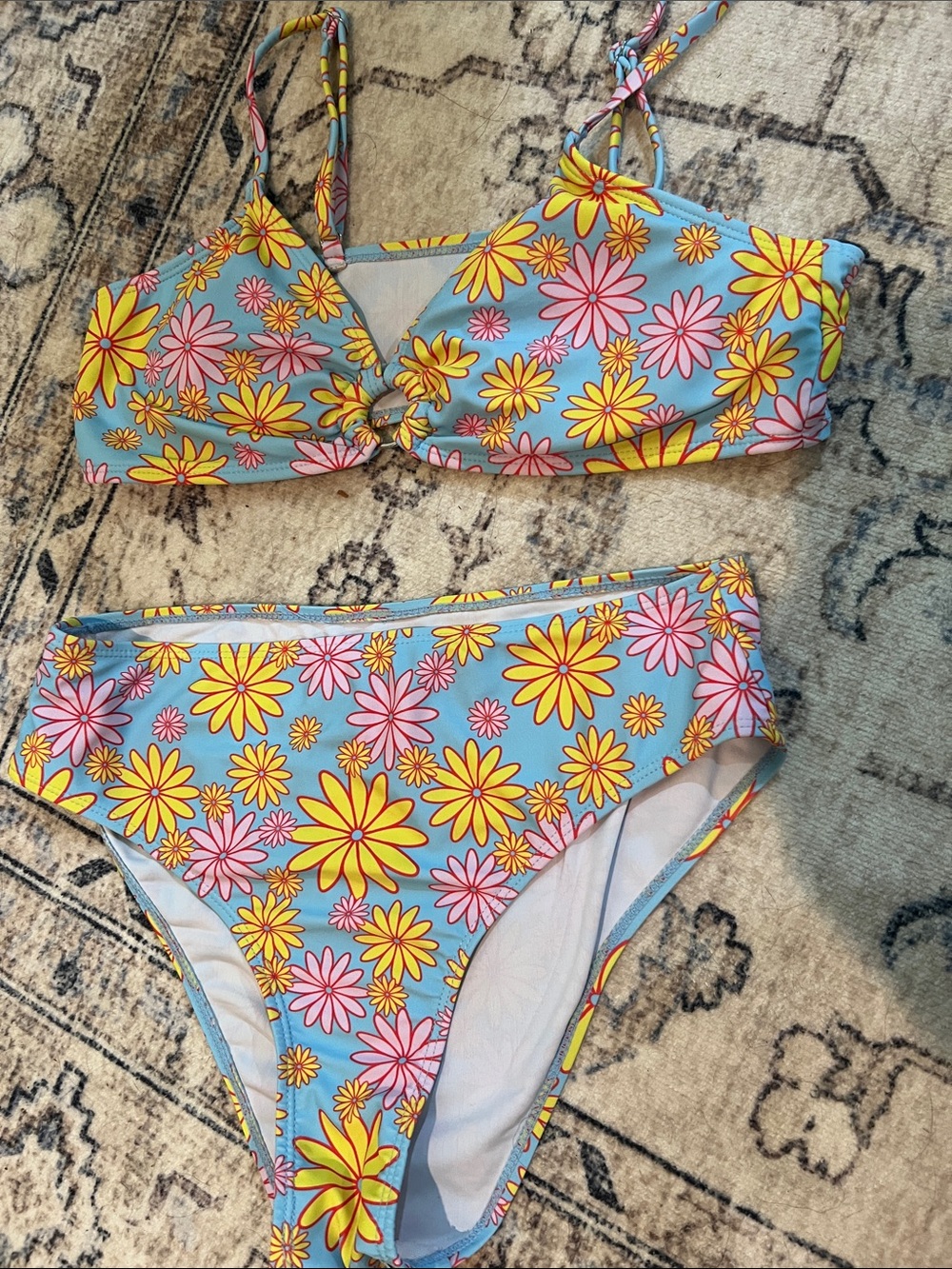 SHEIN Blue Floral High Waist Bikini Set with Yellow & Pink Flowers